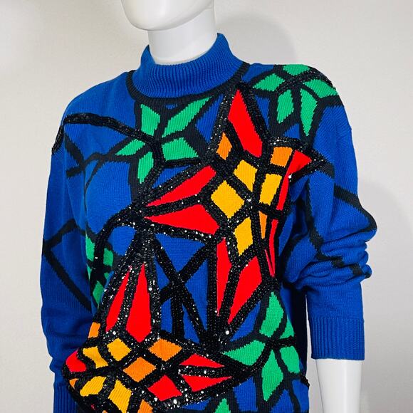 Knit Sweater Women's Medium Blue Church Stained Glass 80s Vintage Art To Wear - Picture 14 of 15
